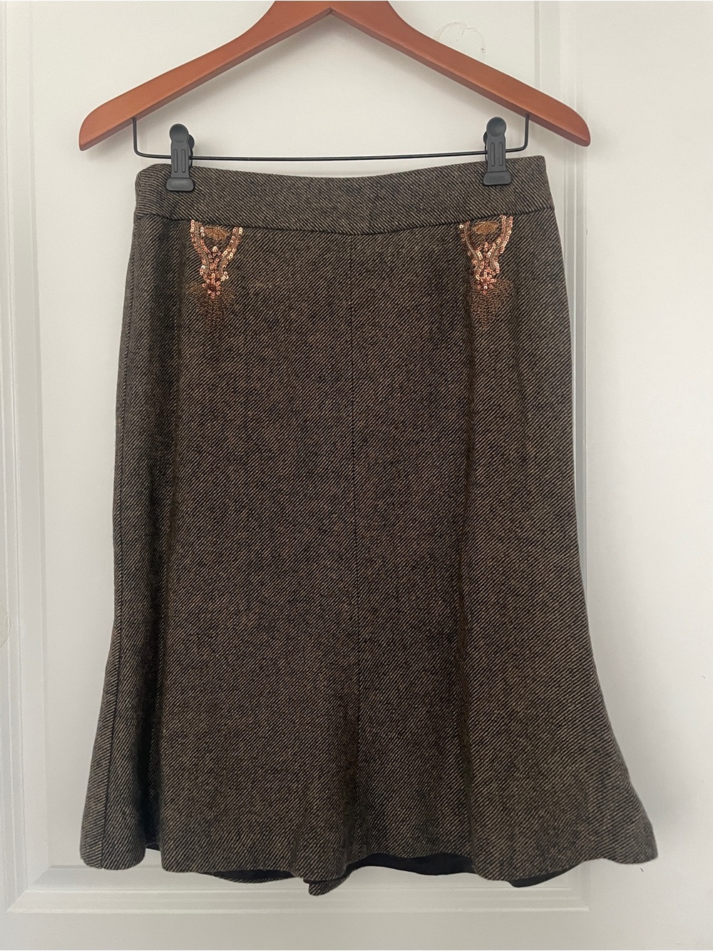 Jacob Brown Tweed A-Line Skirt with Rose-Gold Embroidery